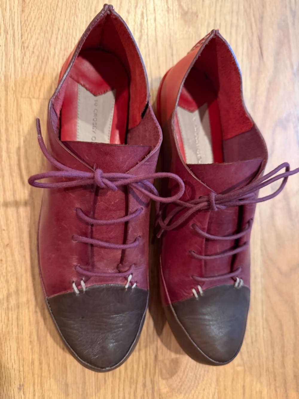 10 Crosby Derek Lam Burgundy Lace-Up Flats with Dark Brown Cap Toe Accent